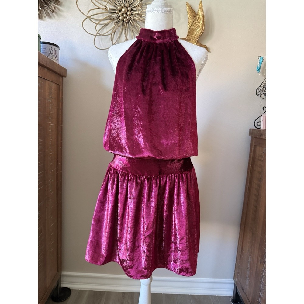 Ramy Brook Ellin Dress L Deep Red Metallic Velvet Halter Cocktail Mini NWT $395